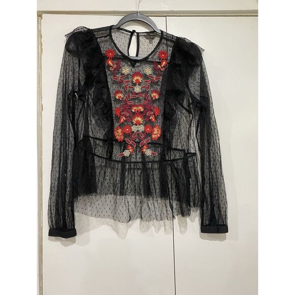 GUESS Sheer Mesh Blouse Small Black Polka Dot Embroidery Front Peplum Hem Gothic - Picture 2 of 9